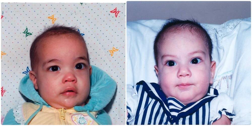 The photos the author received of her sons, Max (left) and Jake (right), from the adoption agency. (Courtesy Marjie Alonso)