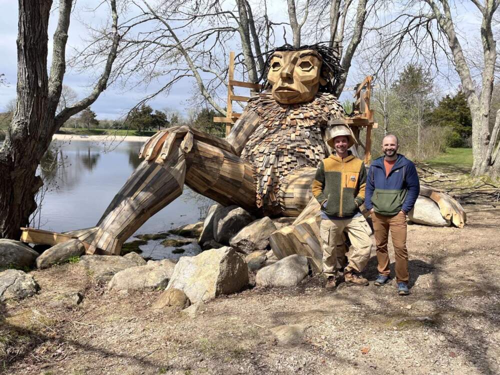 Thomas Dambo (left) came down the hill for this photo. He's much taller than me. (Ross Lippman/Rhode Island PBS)