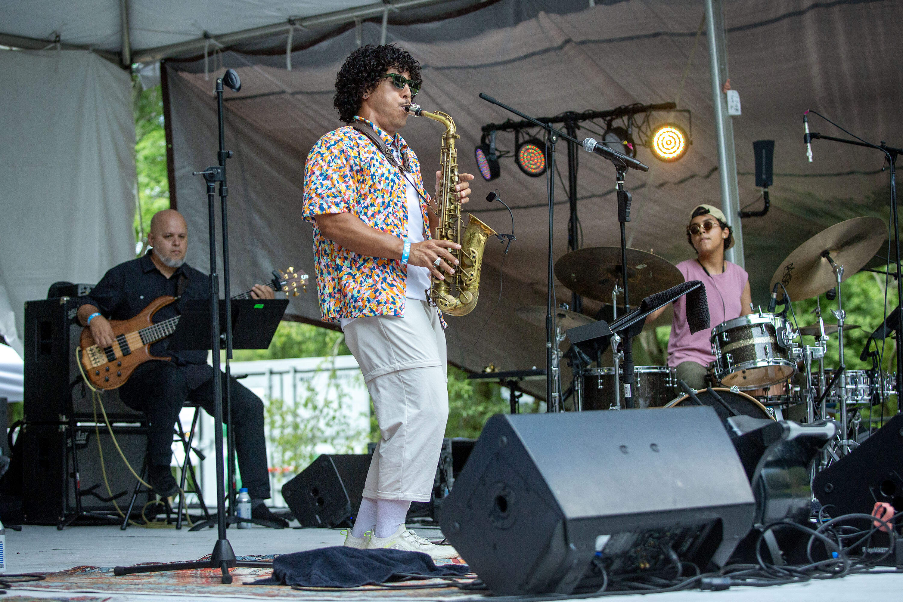 Saxophonist Jonathan Suazo performs with his band at the Charles River Jazz Festival, at Herter Park Amphitheater in Boston. (Robin Lubbock/WBUR)