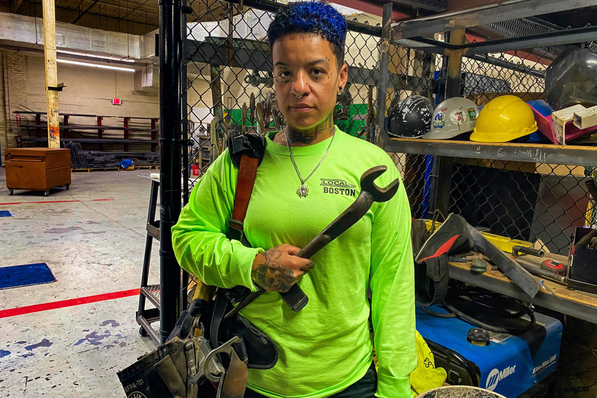 Rachel Jackson, a union ironworker, is helping to build the Revolution Wind project. (Miriam Wasser/WBUR)