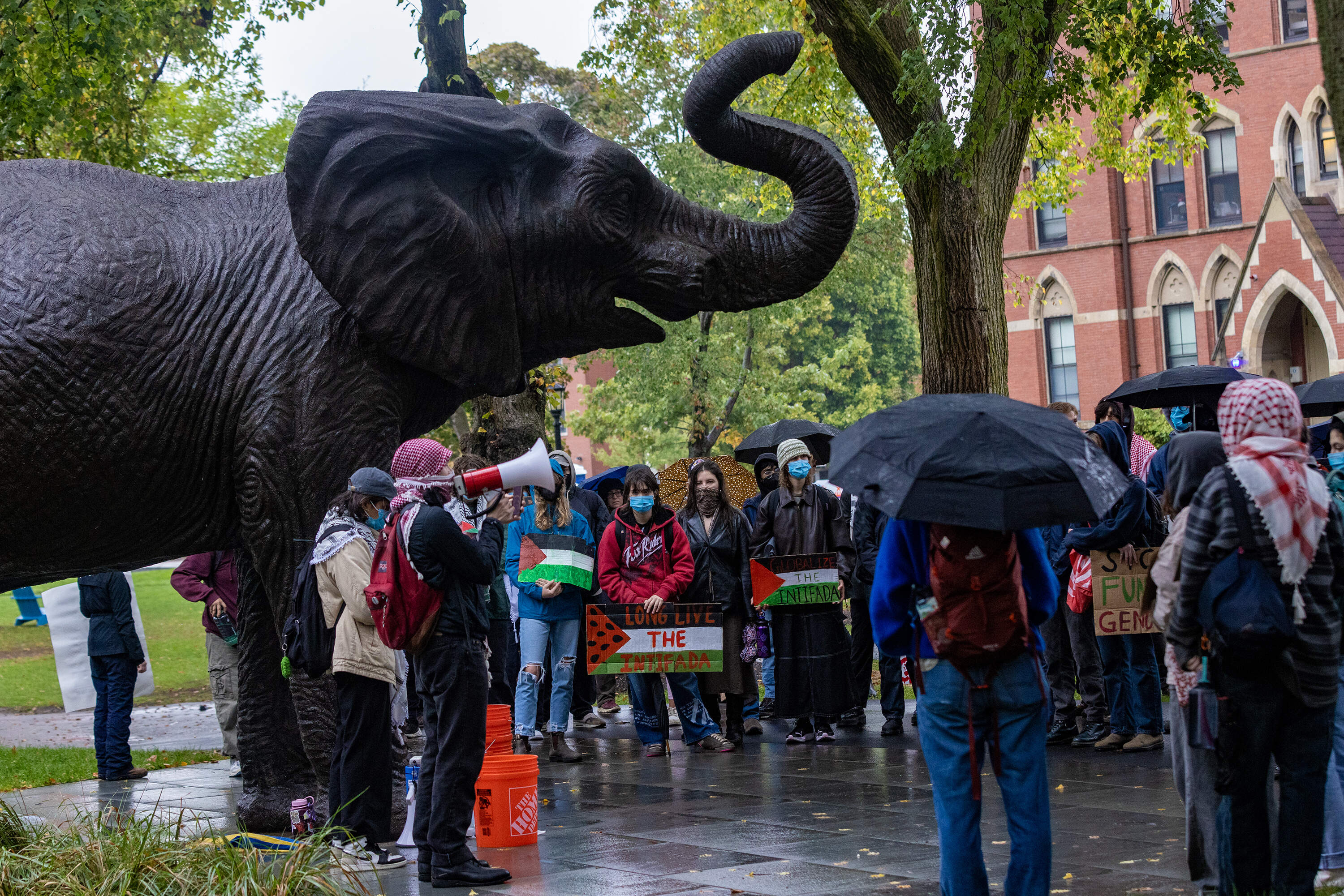 Students gathered on the green at Tufts University for a rally organized by the Students for Justice in Palestine one year after the Hamas attacks on Israel. (Jesse Costa/WBUR)
