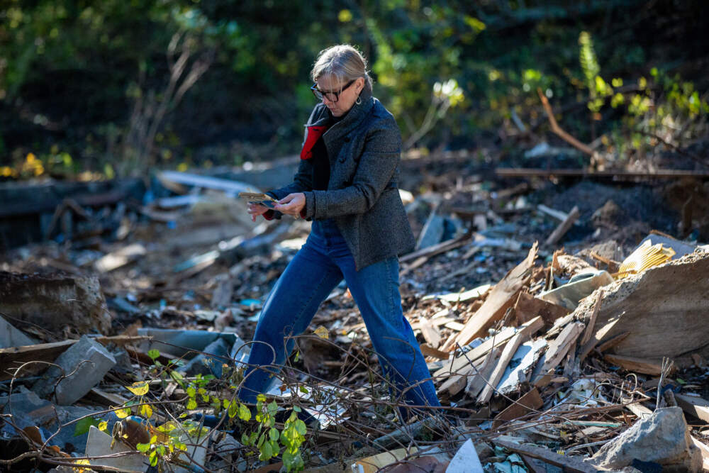 Christine Berlane, arts specialist for Eldred's Auction Gallery, digs through the rubble of the home of Hampton and Marguerite Gill after it was torn down. (Jesse Costa/WBUR)