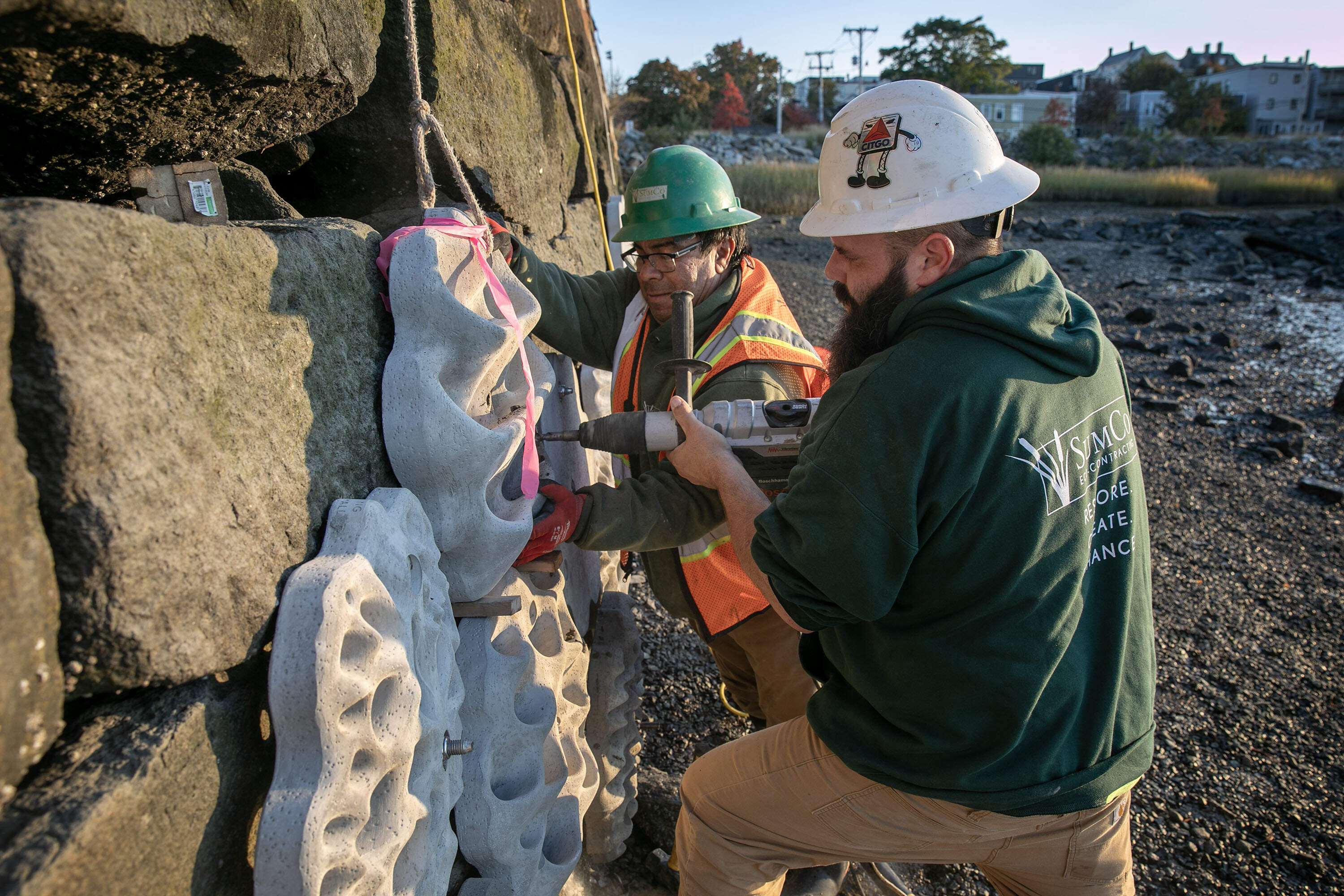 Hugo Urbina and Jeremy Simon, of SumCo Eco-Contracting, fix a panel into the new living seawall at the Condor Street Urban Wild in East Boston. (Robin Lubbock/WBUR)