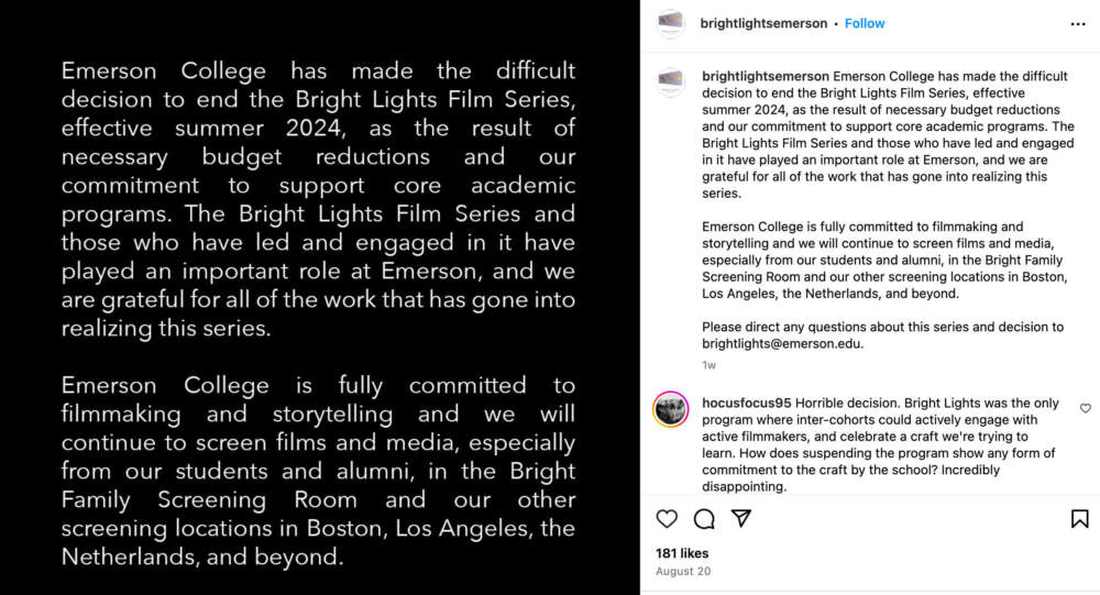 A screenshot of an announcement posted to the Bright Lights Instagram account about the series cancellation. The account was deleted in early September.