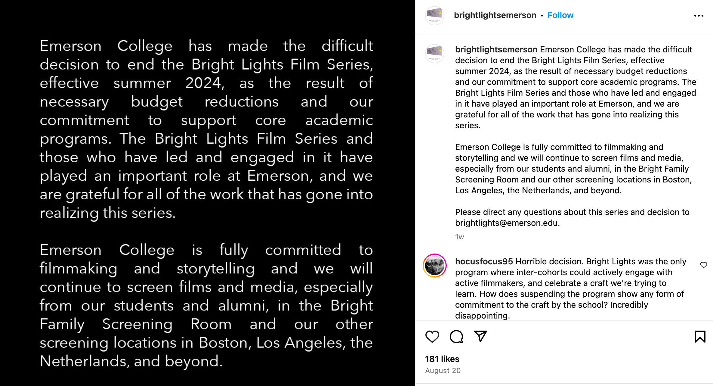 A screenshot of an announcement posted to the Bright Lights Instagram account about the series cancellation. The account was deleted in early September.