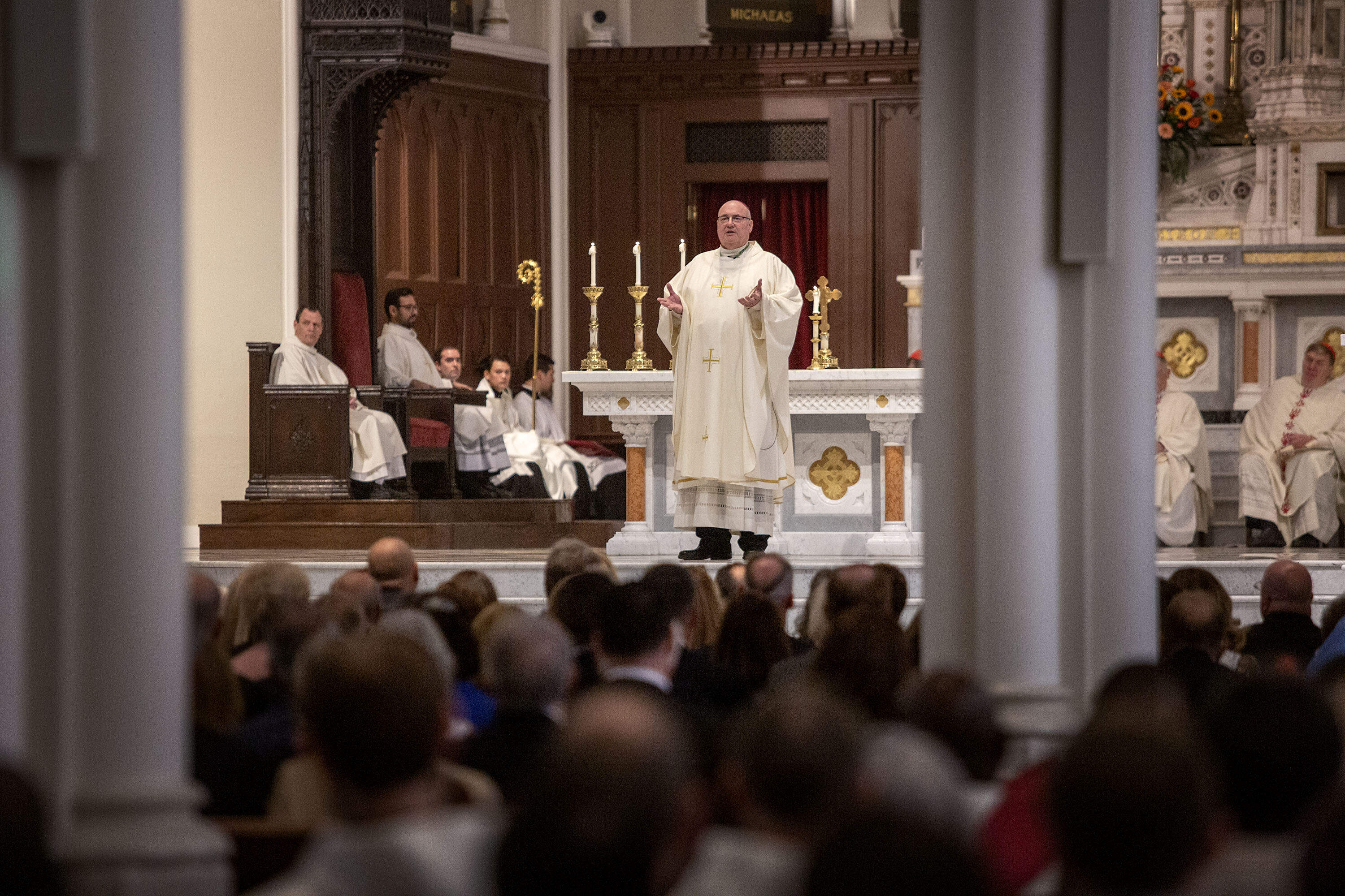 Richard Henning speaks at the Cathedral of the Holy Cross in Boston during his installation Mass. (Robin Lubbock/WBUR)