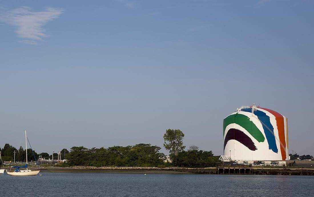 The National Grid gas tank in Dorchester. (Robin Lubbock/WBUR)