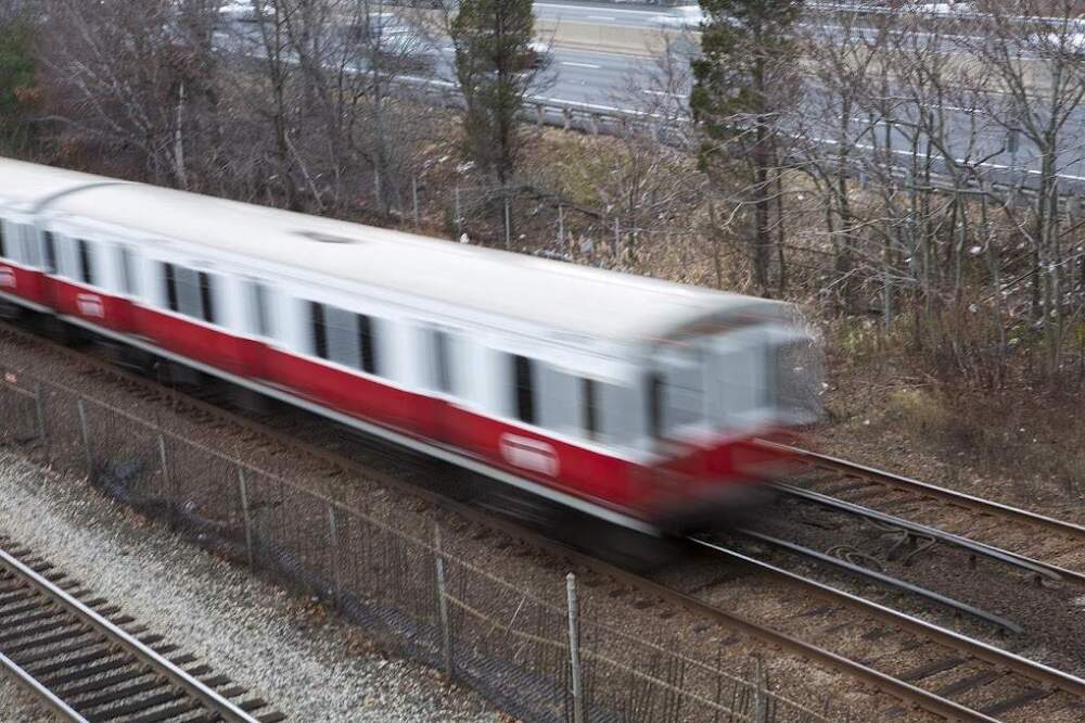 An MBTA Red Line train barrels down the tracks on its way to Quincy Adams station in 2015. (Jesse Costa/WBUR)