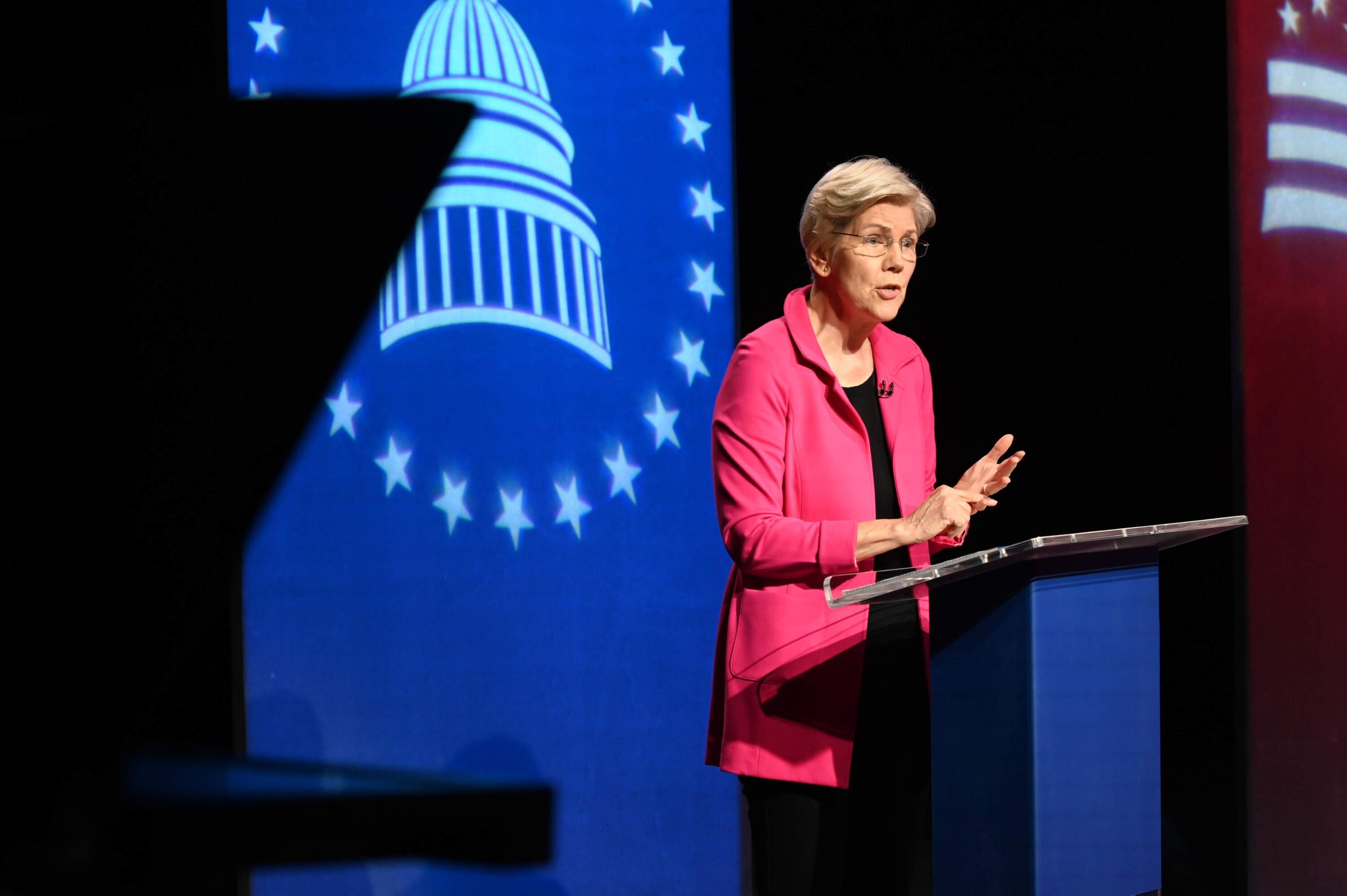 U.S. Sen. Elizabeth Warren speaks during a debate against Republican challenger John Deaton. (Meredith Nierman/GBH News)
