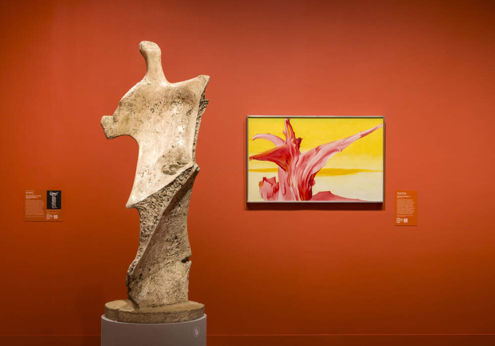 Left: Henry Moore, Working Model for Standing Figure: Knife Edge, 1961. Fiberglass. The Henry Moore Foundation; right: Georgia O’Keeffe, Red Tree, Yellow Sky, 1952. Oil on canvas. Gift of William H. and Saundra B. Lane and Museum purchase. © Georgia O’Keeffe Museum / Artist Rights Society (ARS), New York.