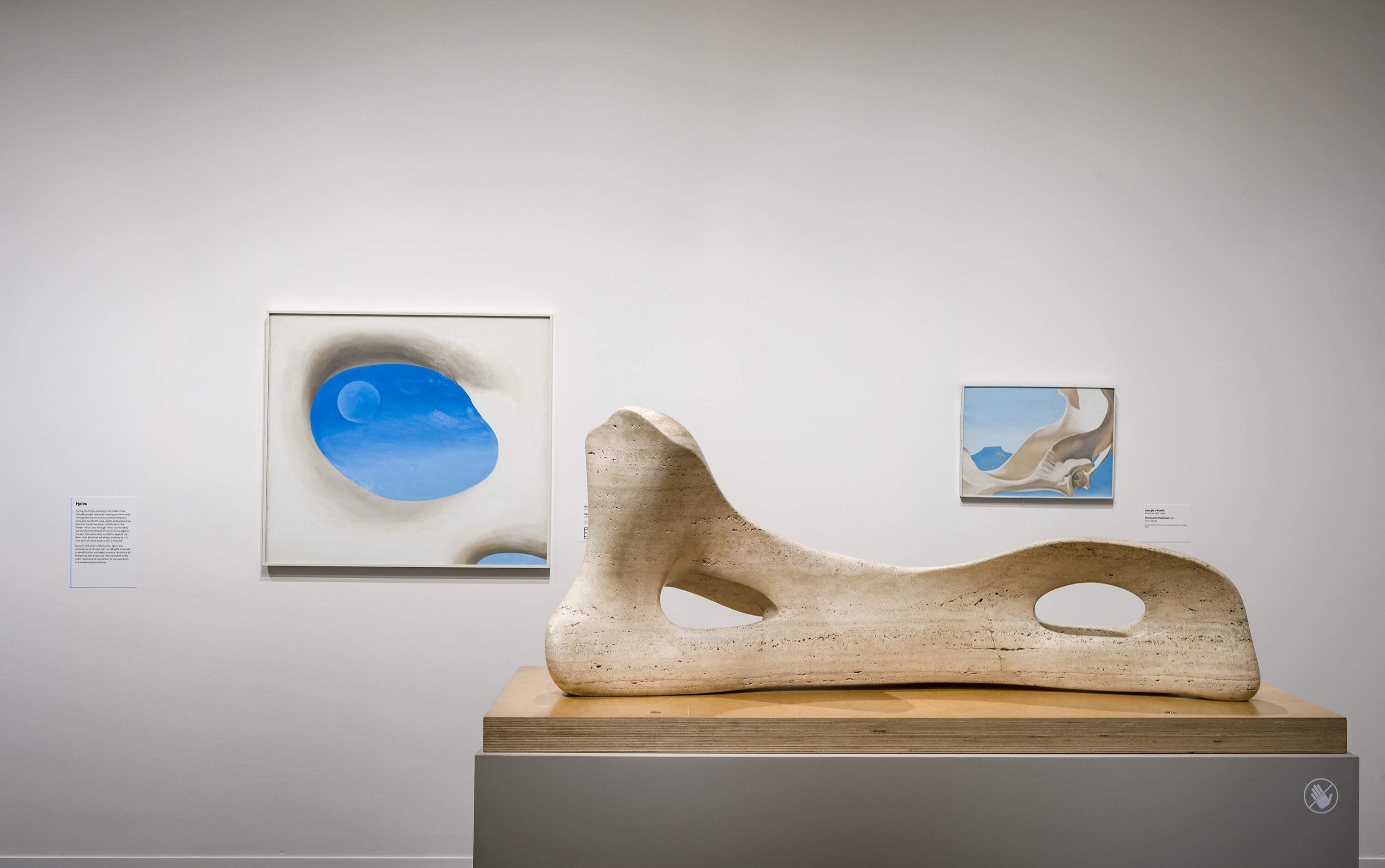 Henry Moore’s “Reclining Figure Bone” (1975) with Georgia O’Keeffe’s “Pelvis IV” (1944) and "Pelvis with Pedernal" (1943) on view at the Museum of Fine Arts, Boston. (Courtesy Museum of Fine Arts, Boston)