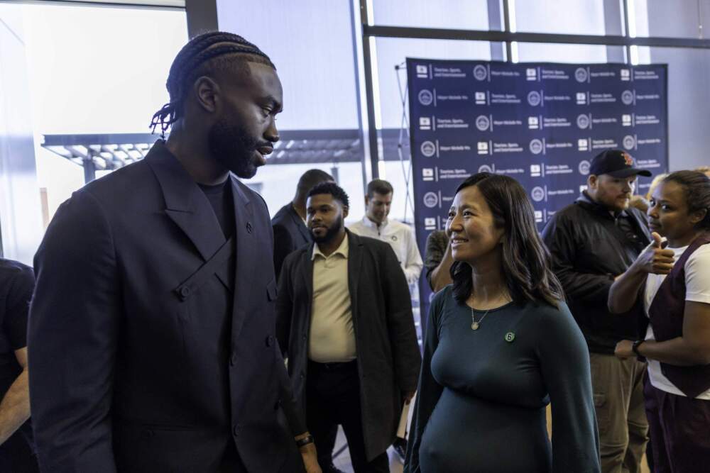 Jaylen Brown speaks with Boston Mayor Michelle Wu at the re-naming ceremony. (Courtesy of Mike Mejia from the City of Boston)