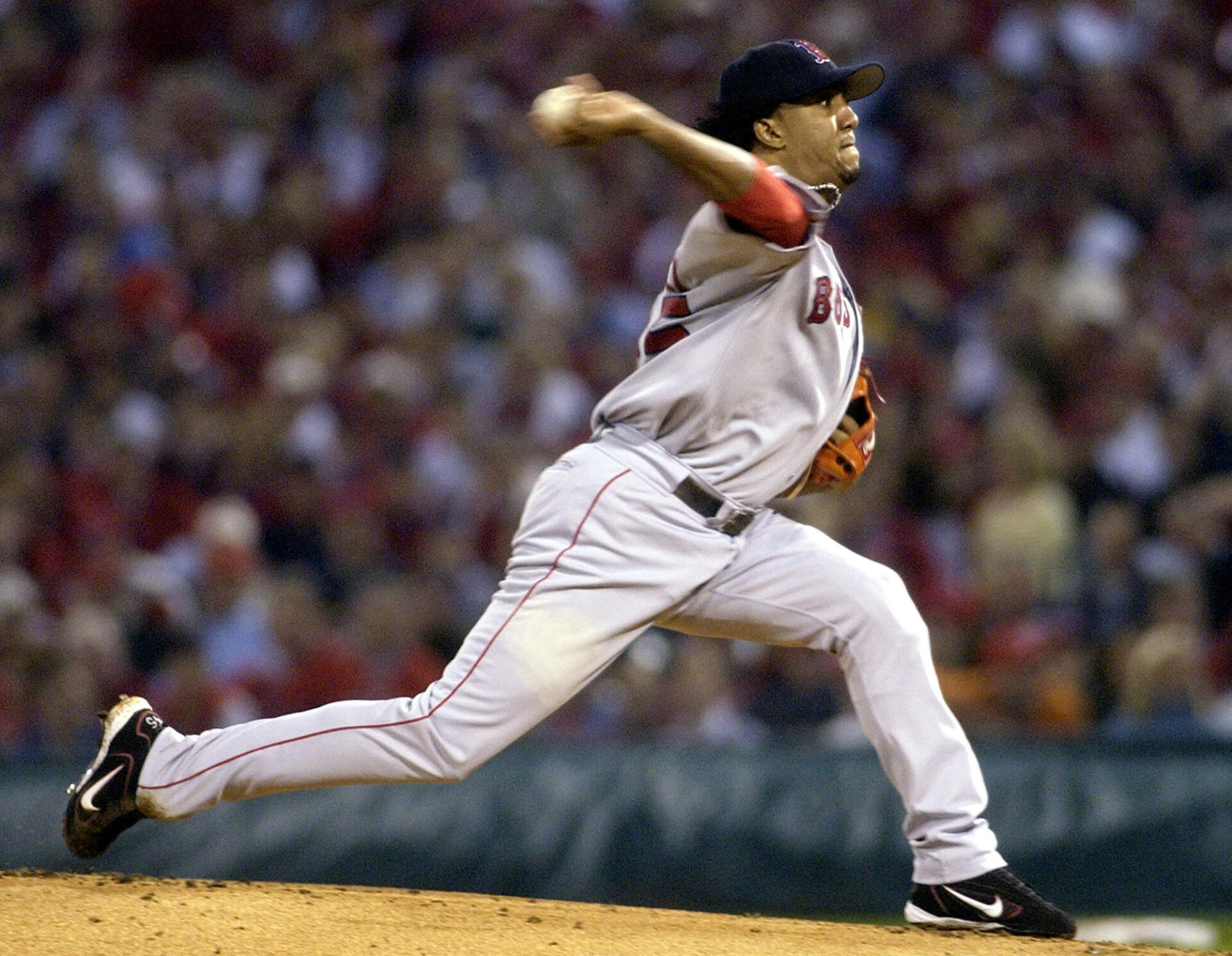 Boston Red Sox's Pedro Martinez pitches against the St. Louis Cardinals in the first inning during Game 3 of the World Series Tuesday, Oct. 26, 2004, in St. Louis. (Charles Rex Arbogast)