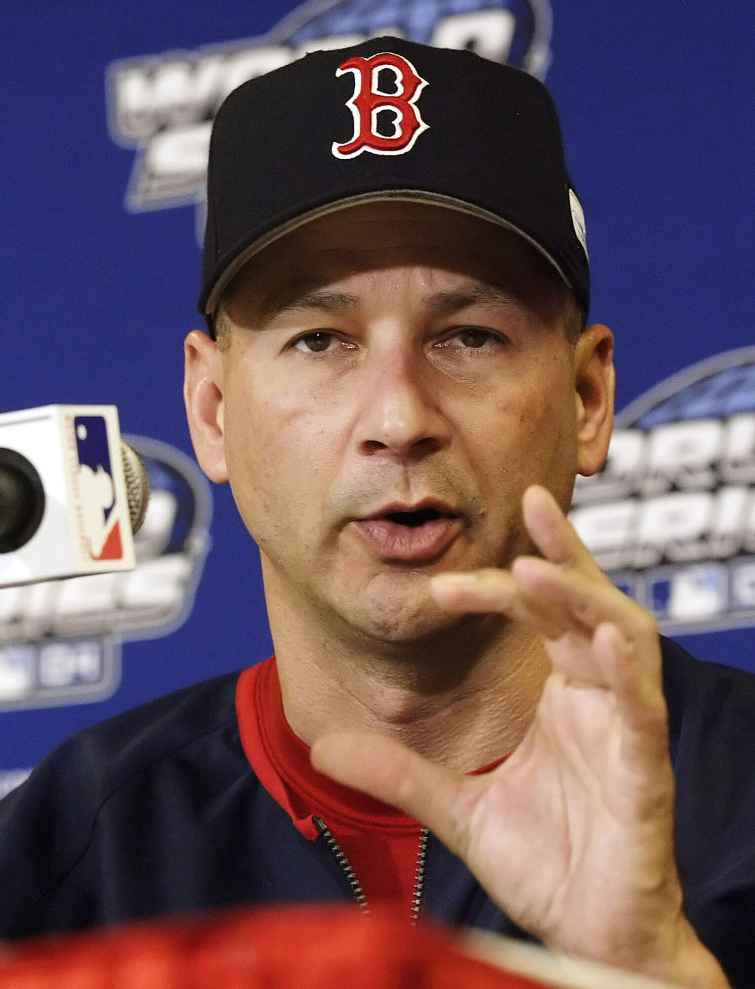 Boston Red Sox manager Terry Francona answers questions at his news conference before Game 4 of the World Series against the St. Louis Cardinals, Wednesday, Oct. 27, 2004, in St. Louis. (James Finley/AP)