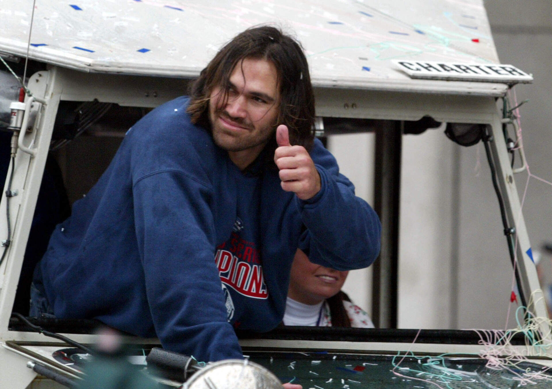 Boston Red Sox's Johnny Damon reacts to the crowd during the Boston Red Sox's victory parade, Saturday Oct, 30, 2004 in Boston. (Bizuayehu Tesfaye/AP)