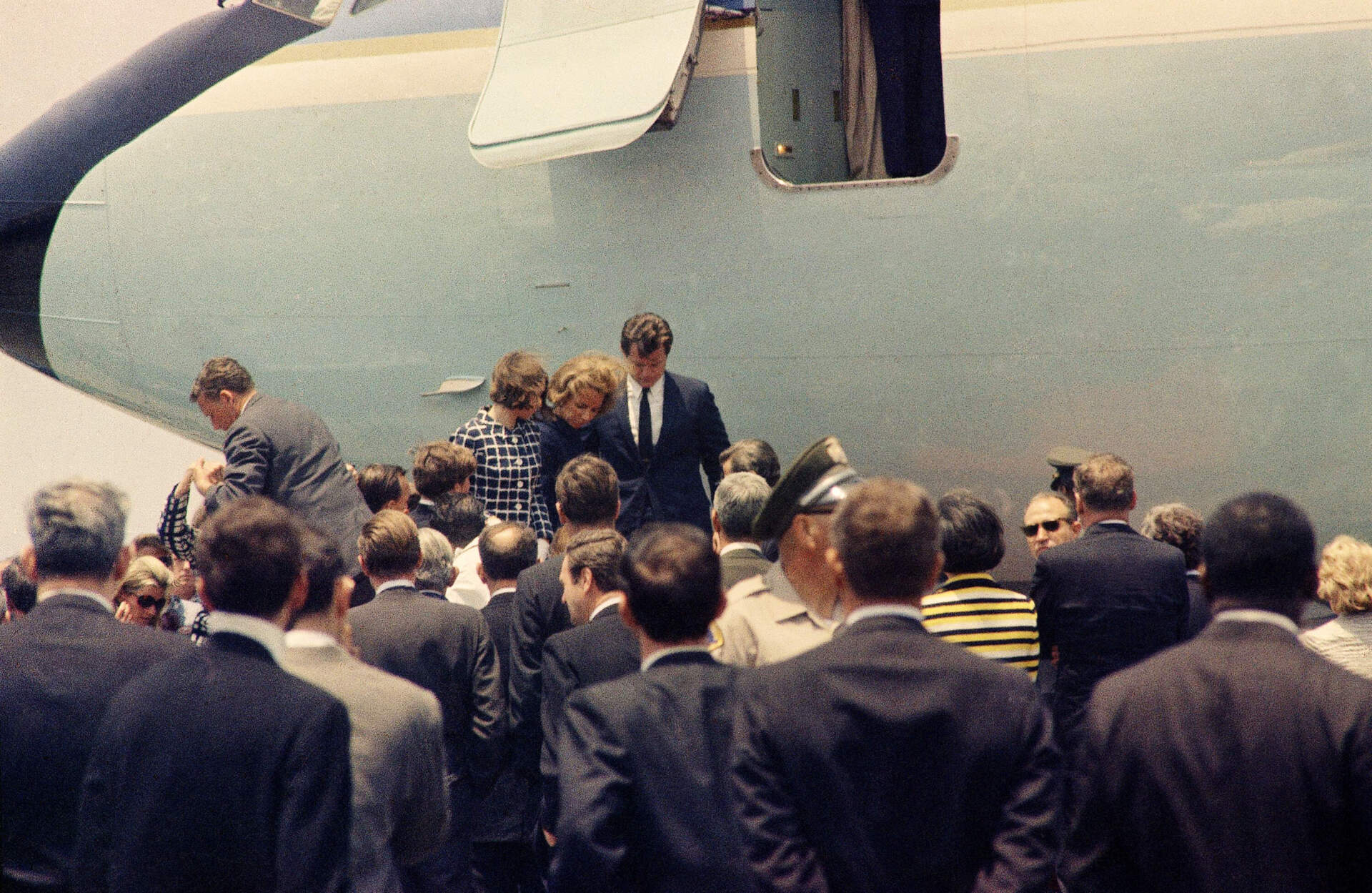 Edward M. Kennedy with Ethel Kennedy and others at the Los Angeles airport, June 6, 1968, as they depart with the body of the late Senator Robert F. Kennedy. (Harold Filan/AP)