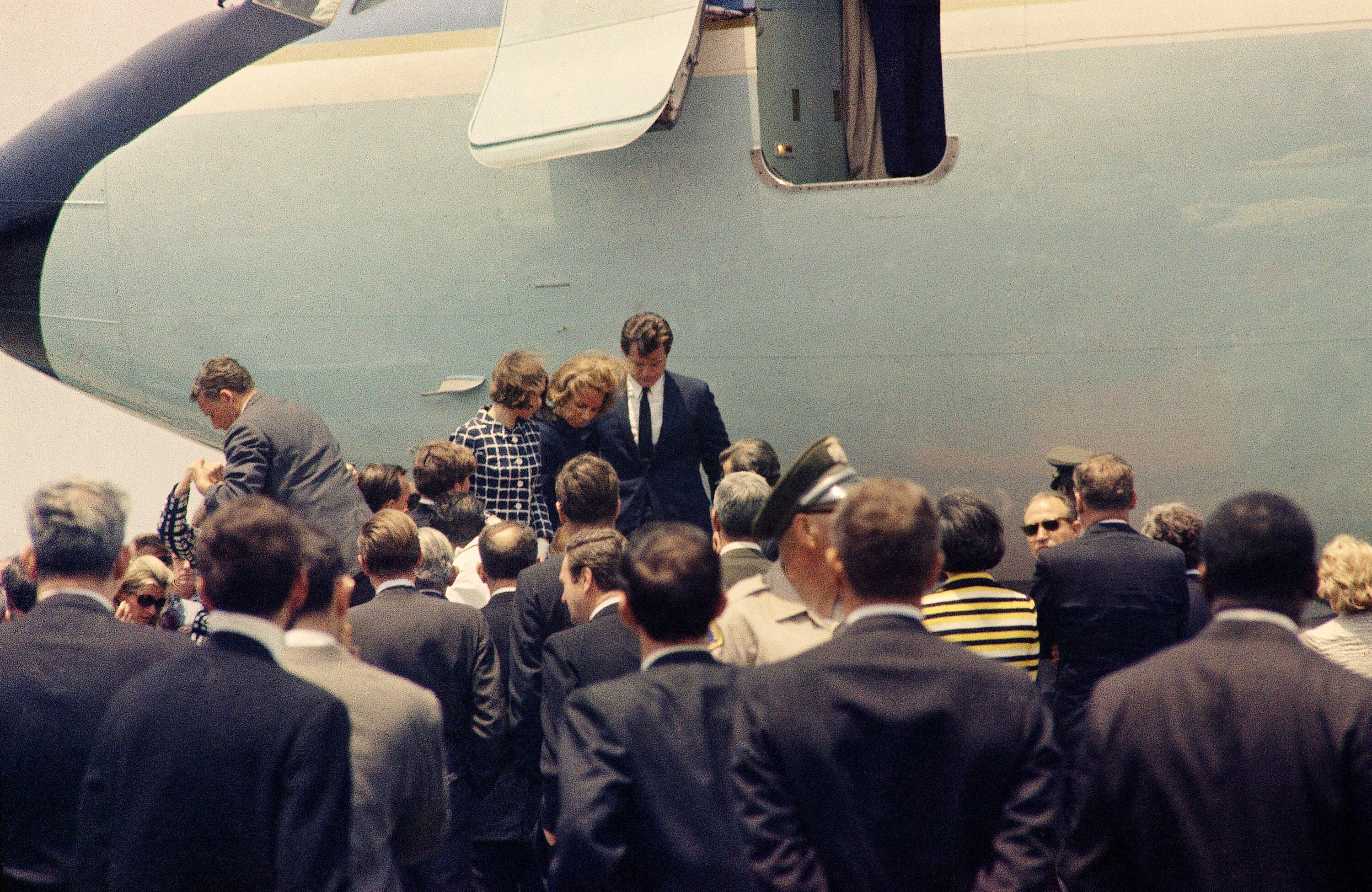 Edward M. Kennedy with Ethel Kennedy and others at the airport in Los Angeles, June 6, 1968 as they depart with the body of the late Senator Robert F. Kennedy. (Harold Filan/AP)
