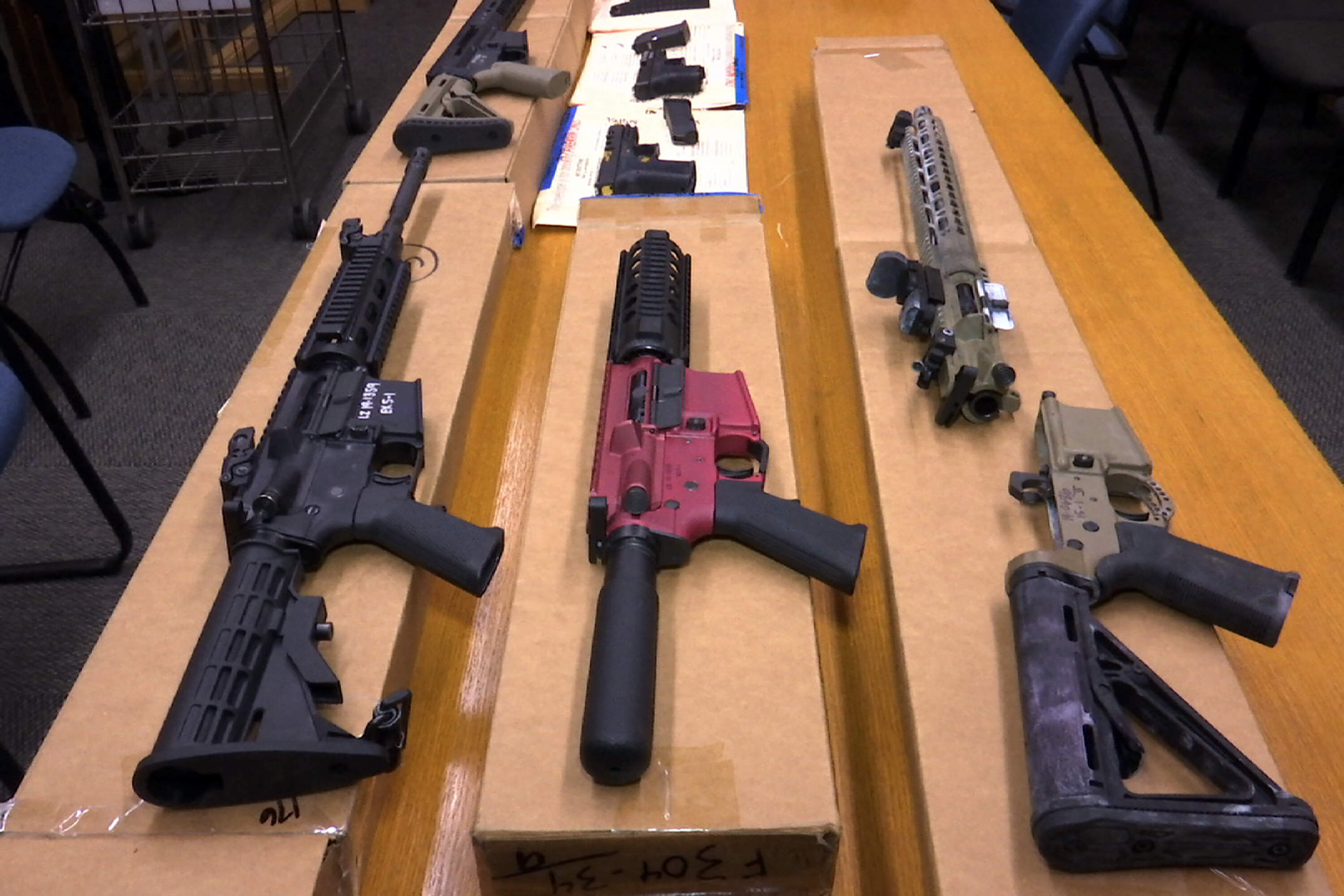 "Ghost guns" are displayed at the headquarters of the San Francisco Police Department in San Francisco, on Nov. 27, 2019. (Haven Daley/AP)