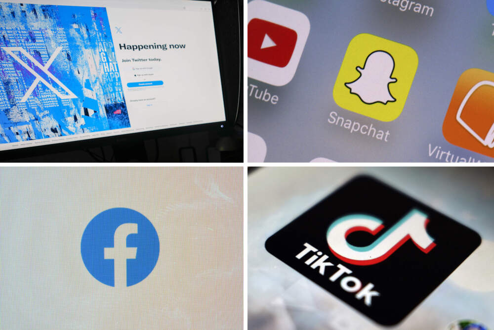 This combination of photos shows logos of X, Snapchat, Facebook and TikTok. (AP Photo, File)