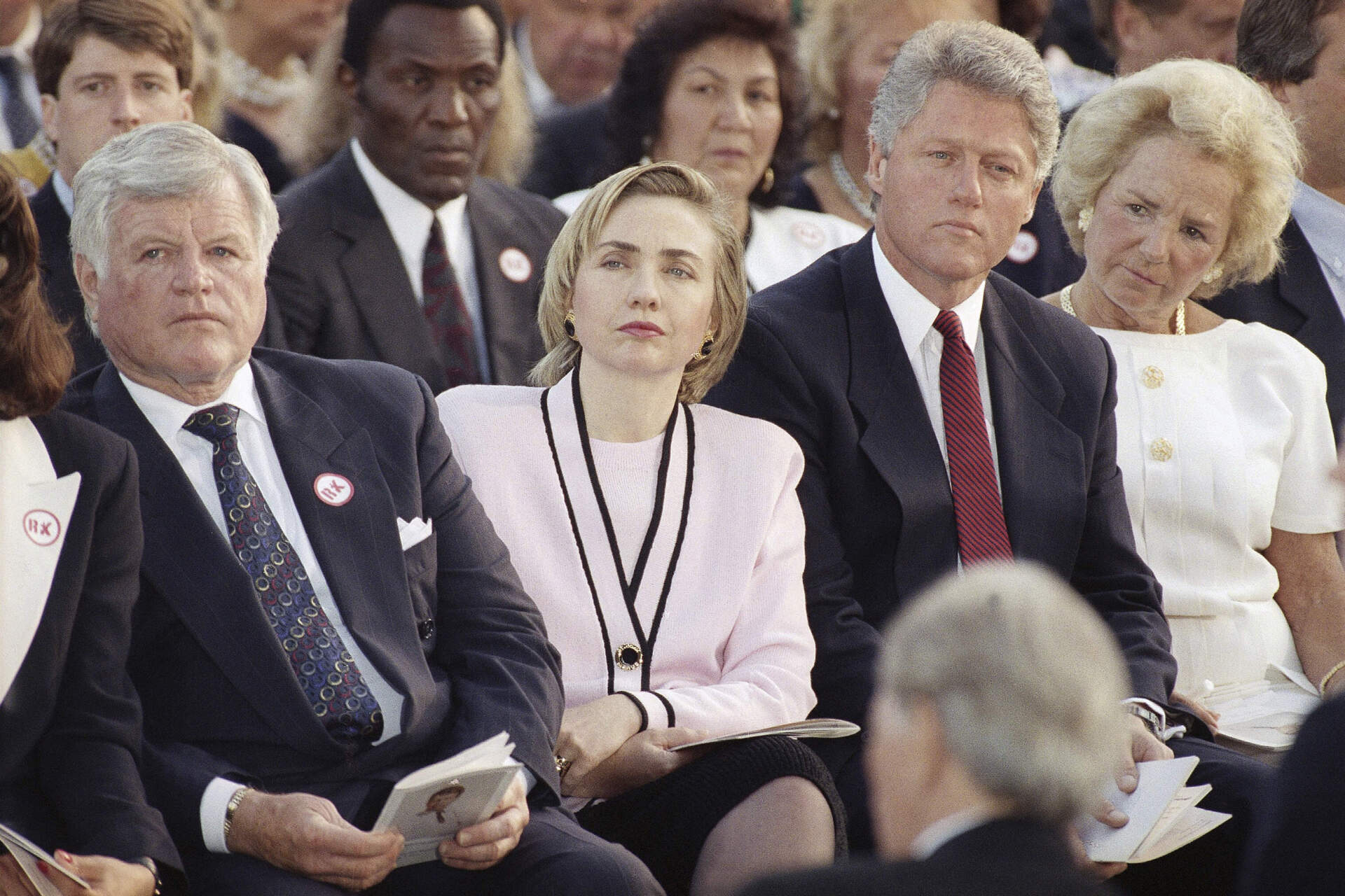 Senator Edward Kennedy, first lady Hillary Rodham Clinton, President Bill Clinton and Ethel Kennedy listen to a memorial delivered by Rep. Joseph P. Kennedy II during a memorial Mass in honor of Robert F. Kennedy on the 25th anniversary of his death in 1993 (Marcy Nighswander/AP)