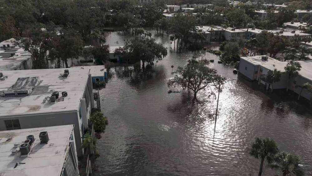 Flood waters sit in an apartment complex where people are being rescued in the aftermath of Hurricane Milton, Thursday, Oct. 10, 2024, in Clearwater, Fla. (Mike Stewart/AP)