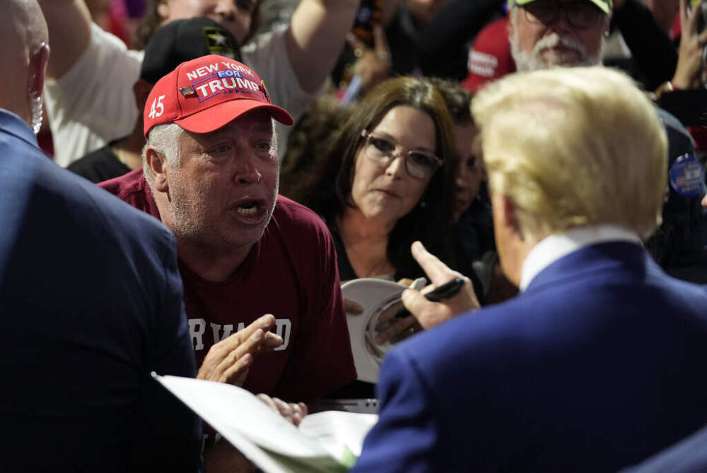 Republican presidential nominee former President Donald Trump greets supporters at a campaign town hall at the Greater Philadelphia Expo Center & Fairgrounds, Monday, Oct. 14, 2024, in Oaks, Pa. (Alex Brandon/PA)