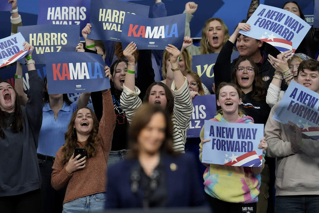 Democratic presidential nominee Vice President Kamala Harris speaks during a campaign rally at the University of Wisconsin La Crosse, in La Crosse, Wis., Thursday, Oct. 17. (Abbie Parr/AP)
