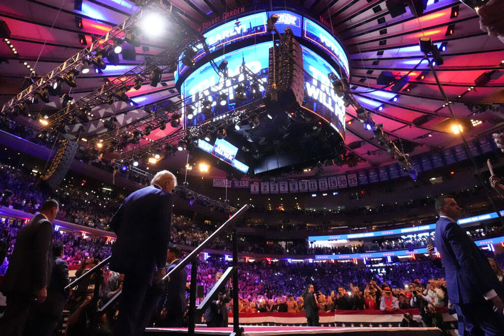 Republican presidential nominee former President Donald Trump takes the stage at a campaign rally at Madison Square Garden, Sunday, Oct. 27, in New York. (Alex Brandon/AP Photo)