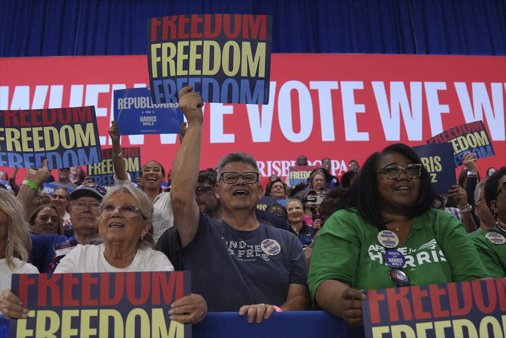 Supporters cheer as Democratic presidential nominee Vice President Kamala Harris speaks during a campaign event at the PA Farm Show Complex and Expo Center, Wednesday, Oct. 30, 2024, in Harrisburg, Pa. (Matt Rourke/AP)
