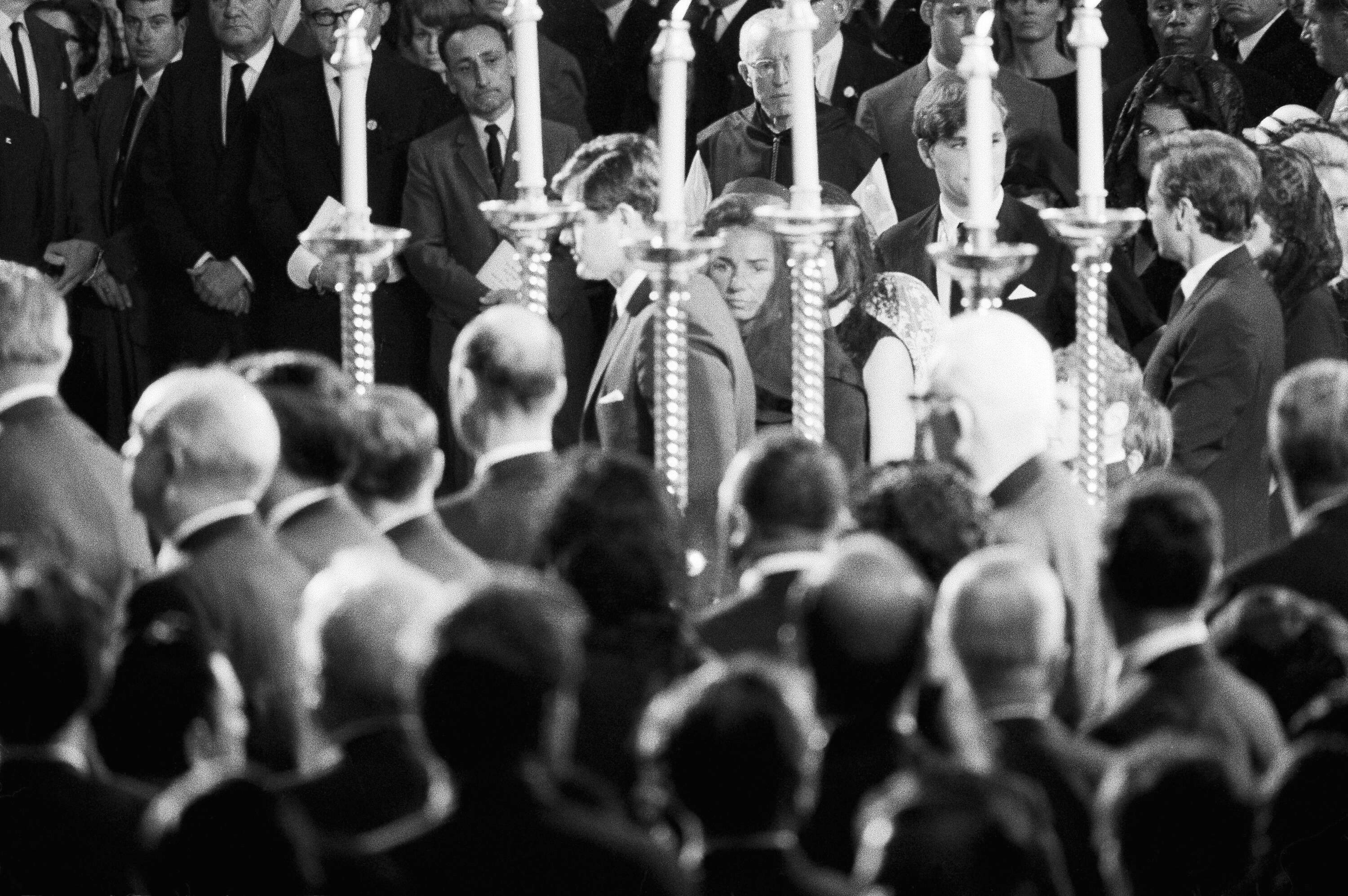Sen. Edward Kennedy escorts Ethel Kennedy, to their pew for the funeral services of Sen. Robert F. Kennedy in St. Patrick's cathedral in New York, June 8, 1968. (AP photo)