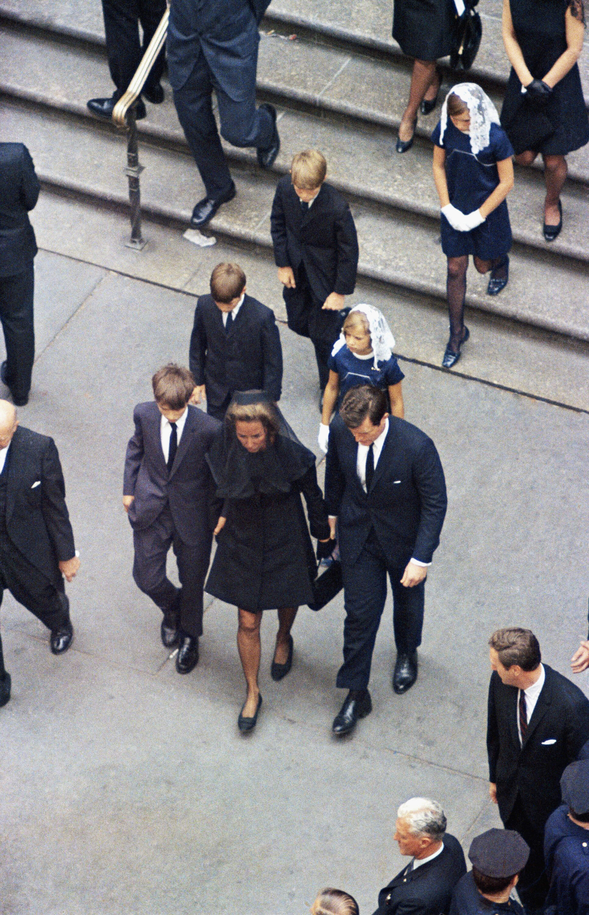 Ethel Kennedy, brother-in-;law Edward Kennedy and her children leave St. Patrick's Cathedral in New York after Robert F. Kennedy's funeral in 1968. (AP photo)
