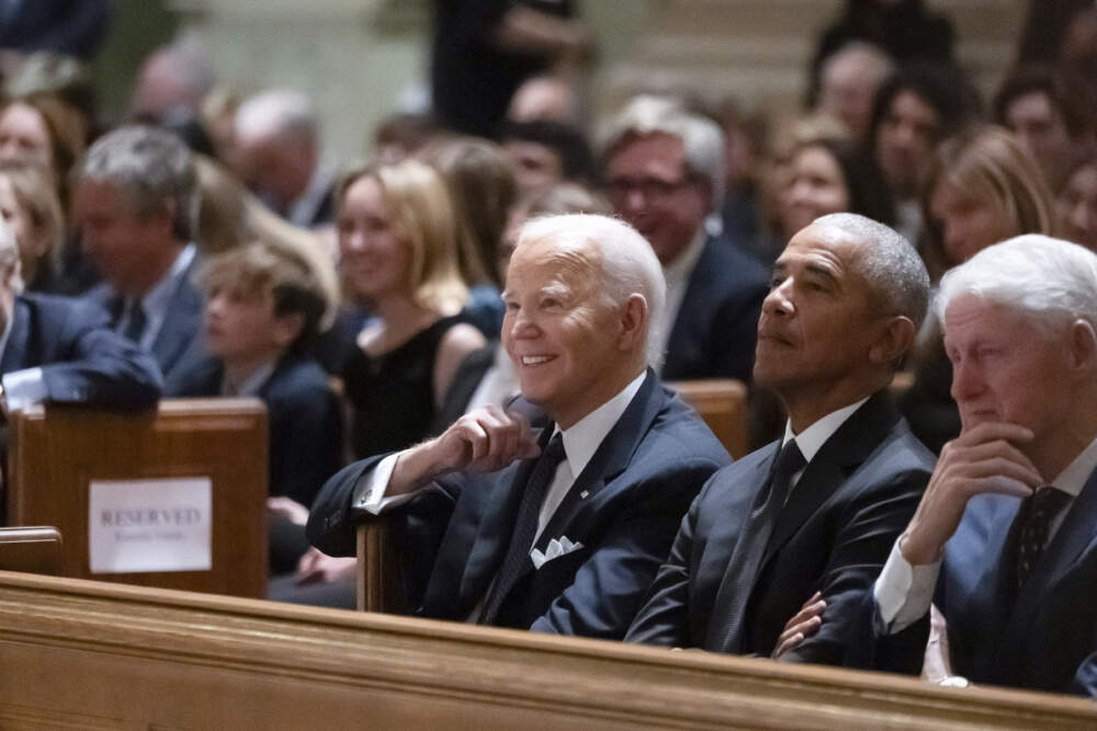 President Joe Biden, left, and former Presidents Barack Obama, center, and Bill Clinton, right, attend a memorial service for Ethel Kennedy. (Ben Curtis/AP)