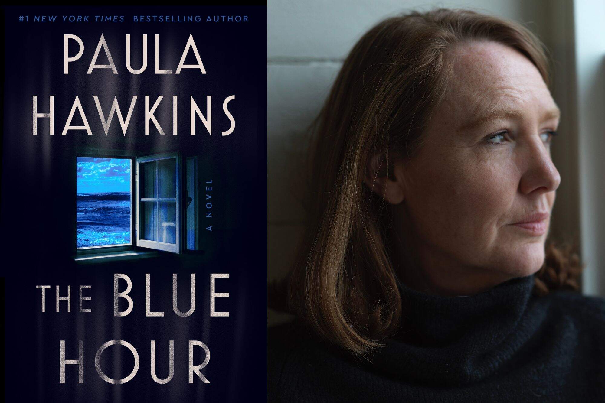 The cover of "The Blue Hour" and author Paula Hawkins. (Courtesy of HarperCollins and Kate Neil)