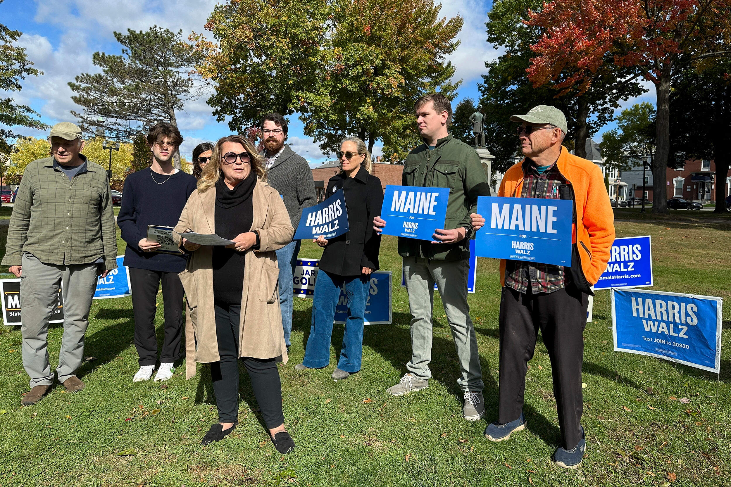 Maine House Assistant Majority Leader Kristen Cloutier speaks at an early voting rally for Vice President Kamala Harris's presidential campaign at Kennedy Park in Lewiston, Maine, on Tuesday, Oct. 15, 2024. (Patrick Whittle/AP)
