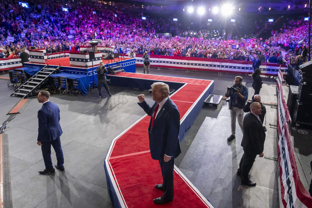 Republican presidential nominee former President Donald Trump arrives to speak at a campaign rally at the Santander Arena, Wednesday, Oct. 9, 2024, in Reading, Pa. (AP Photo/Alex Brandon)