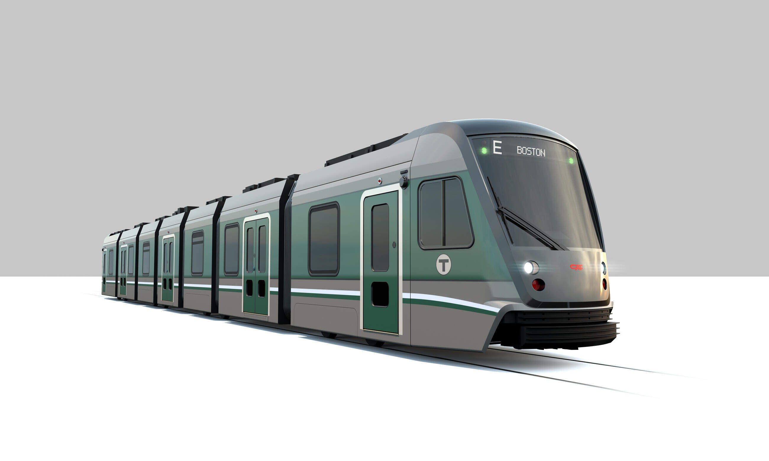 A rendering of the winning paint design for the MBTA's Green Line "supercars," featuring a green and dark gray paint scheme along the body of the vehicle, green doors, and a white and turquoise green lower running stripe. (MBTA)