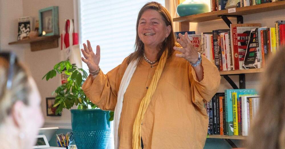 The author speaks about bodily autonomy to a roomful of readers at Sea Wolf Books in Port Orford, Oregon. (Photo courtesy of Pam Houston)