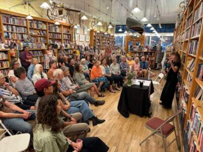 An evening of sharing stories and songs with Sally Beuse of The Montvales at Maria's Bookstore in Durango, Colorado. (Photo courtesy of Pam Houston)