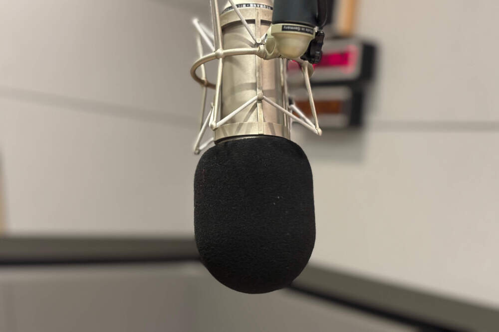 A microphone hangs in a studio. (Katie Cole/ WBUR)