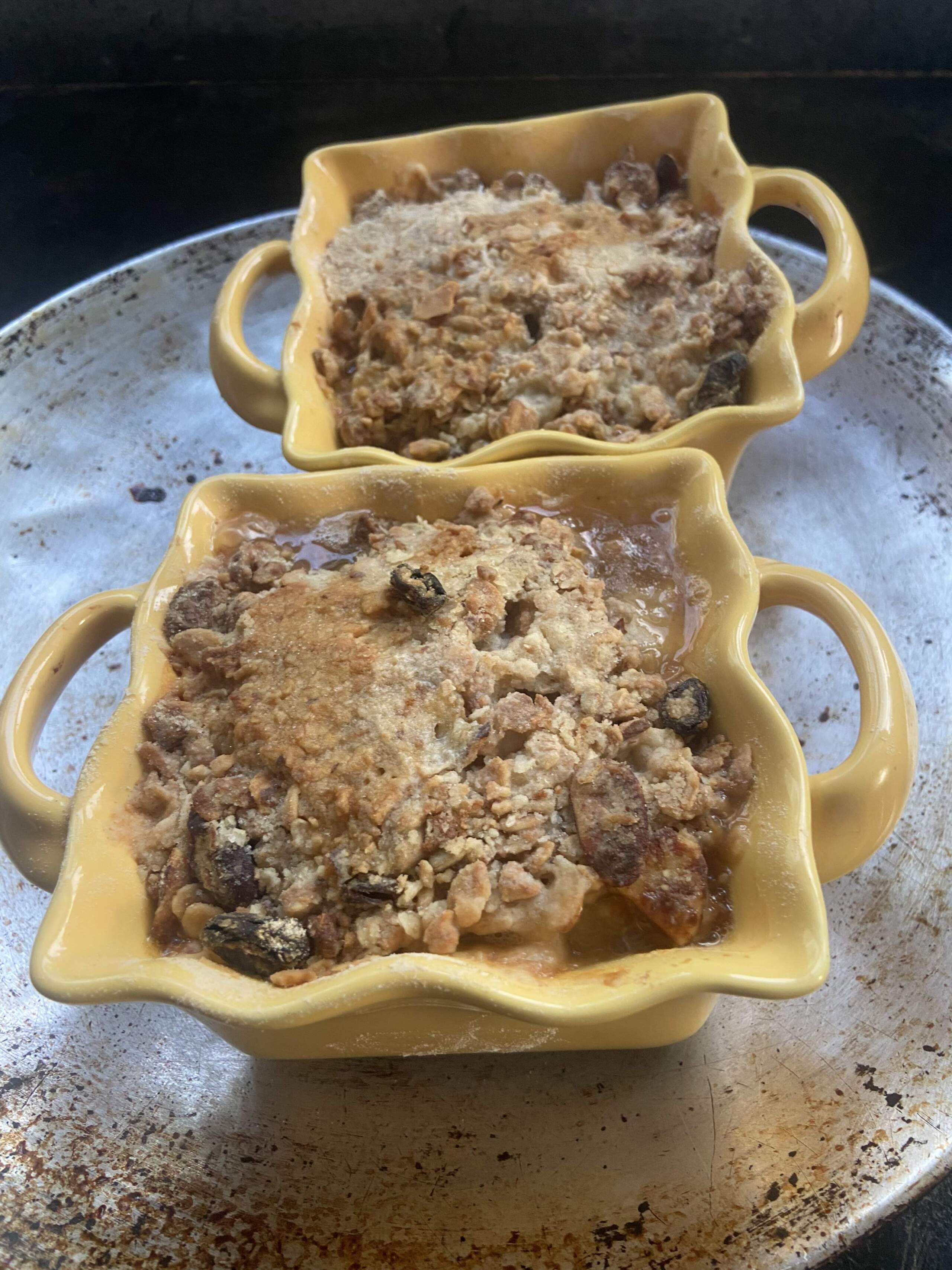 Apple cider, pear and apple crumble with apple cider glaze whipped cream. (Kathy Gunst/Here & Now)