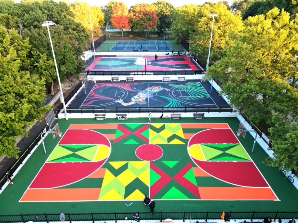 The three basketball court murals at Malcolm X Park in Roxbury. (Courtesy Otra Ciudad)