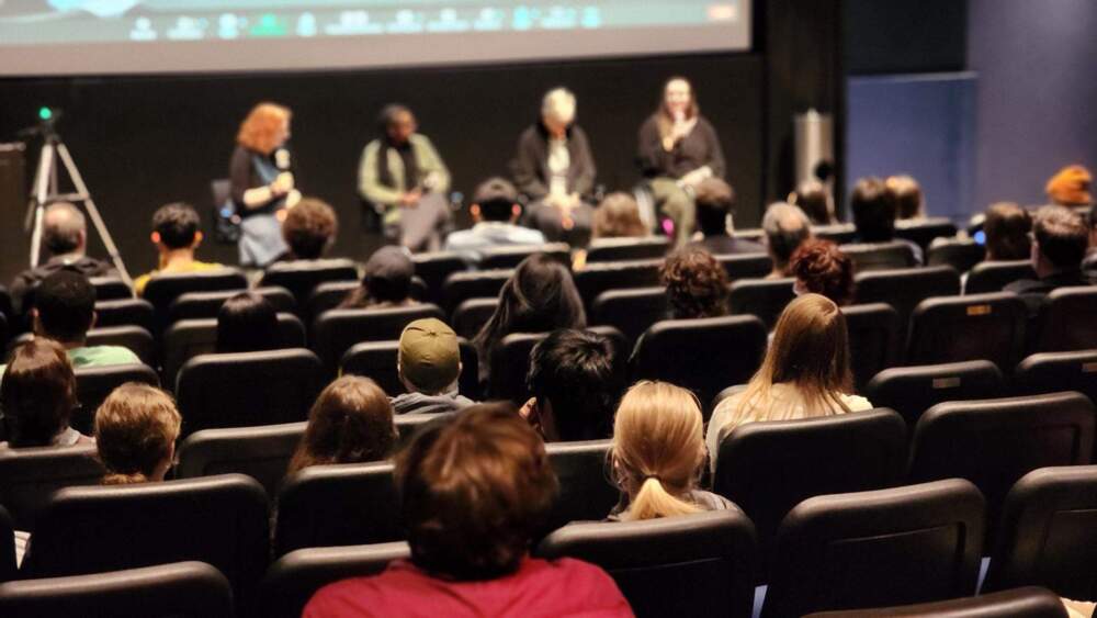 An audience attends a panel and screening of the film "How to Blow Up a Pipeline" in September 2023 as part of the Bright Lights Cinema Series at Emerson College. (Courtesy Malone Murphy)