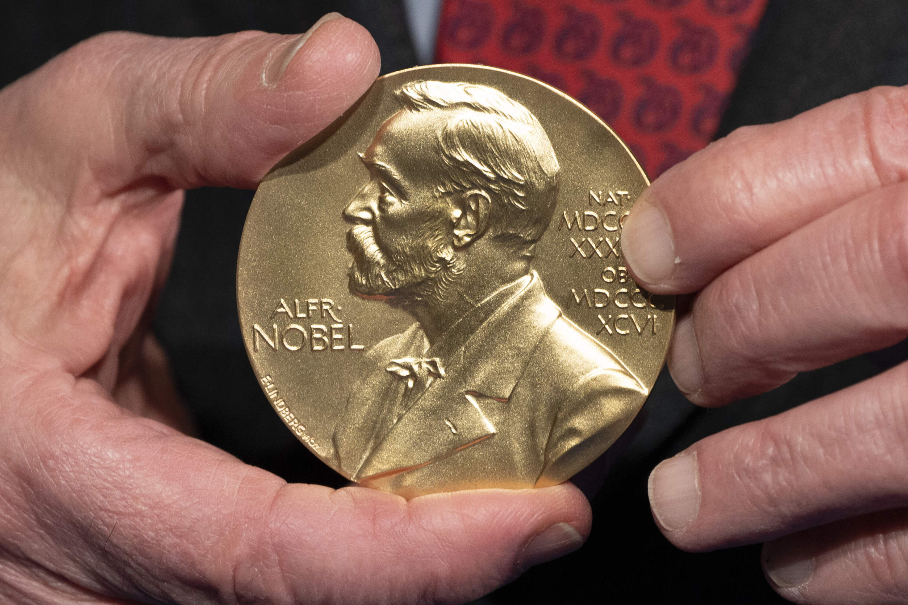 A close-up view of a Nobel Prize medal at the National Institutes of Health in Bethesda, Md., Tuesday, Dec. 8, 2020. (Jacquelyn Martin/AP)
