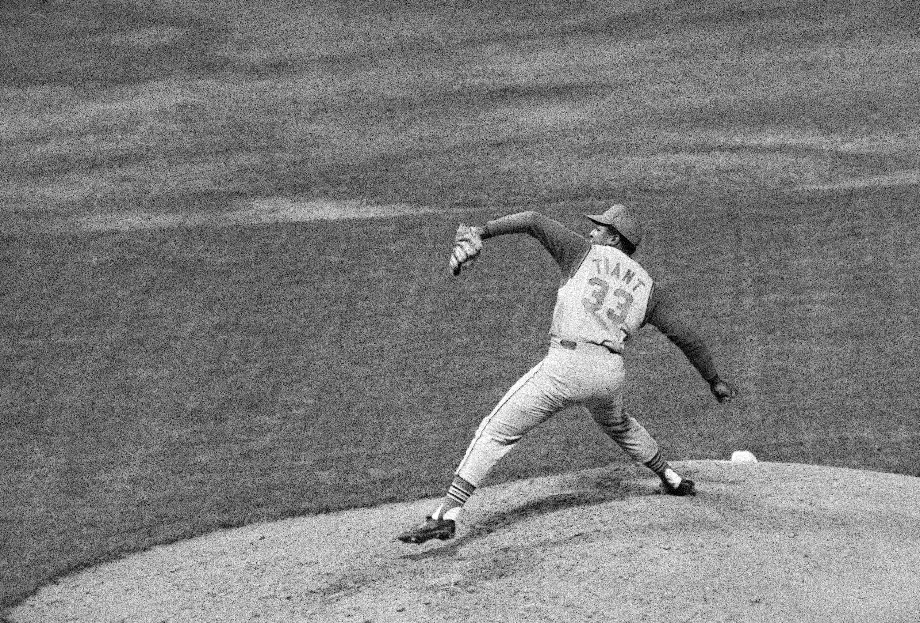 Luis Tiant, playing for the Cleveland Indians, pitches against the New York Yankees in the fourth inning at Yankee Stadium in 1968. (Marty Lederhandler/AP)