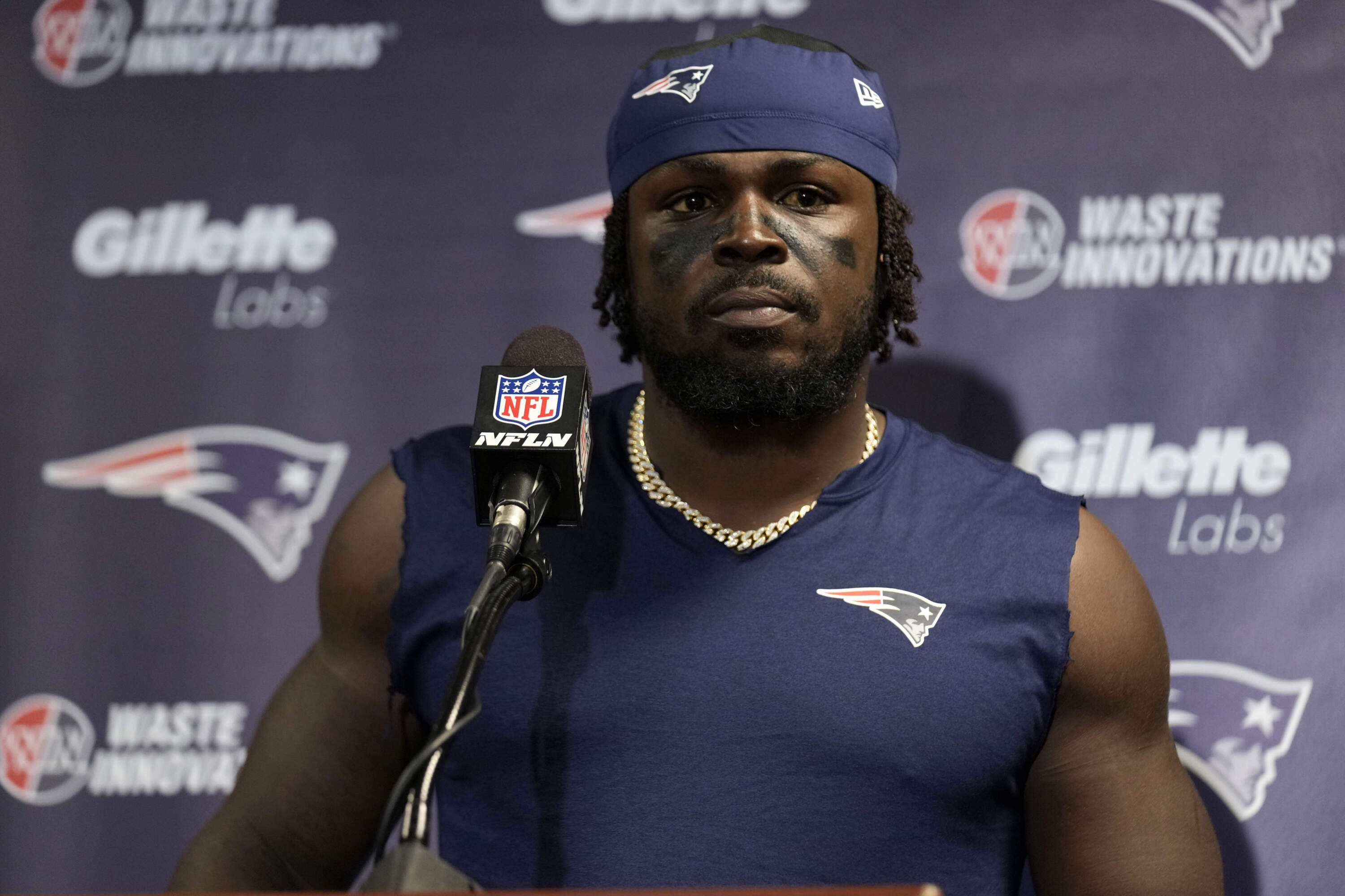 New England Patriots safety Jabrill Peppers answers questions during a post-game news conference, Sept. 19, 2024. (Seth Wenig/AP)
