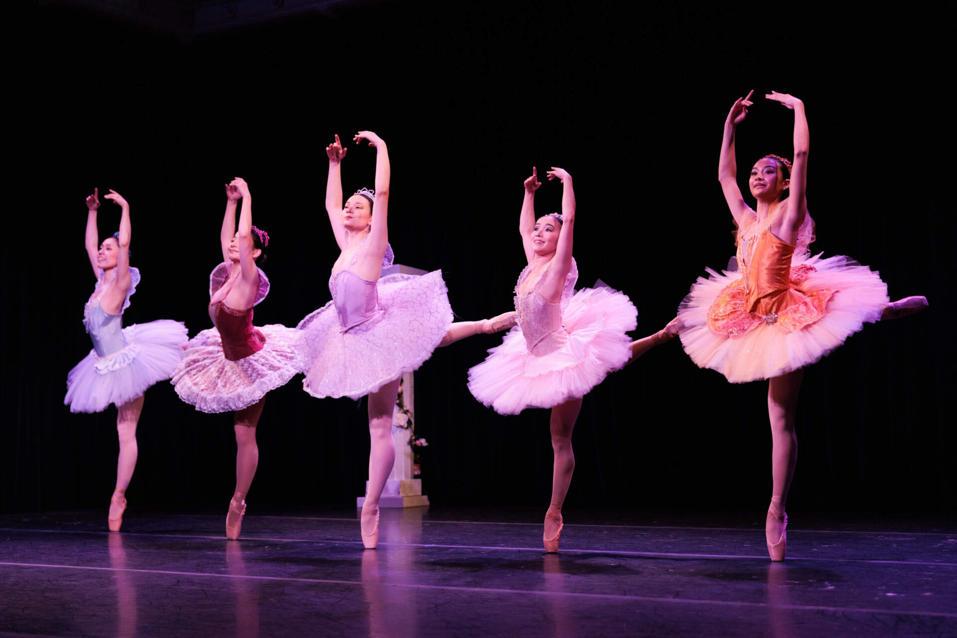 From left: Amane Takaishi, Mollie Petrizzo, Rheya Shano, Nina Yoshida and Delilah Danh Huynh in Asian American Ballet Project's "Sleeping Beauty," staged by Elizabeth Mochizuki. (Courtesy Nicole Marie Photography)