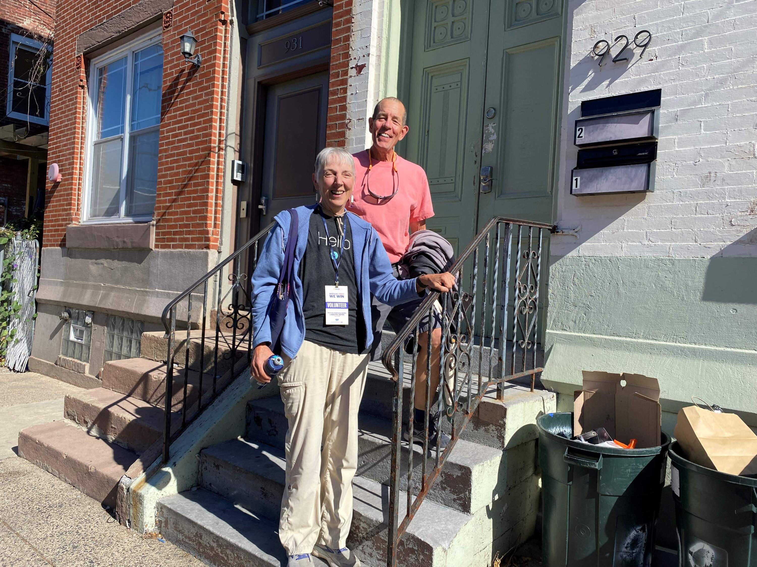Sue Donaldson of Northampton, and Rob Robertson of Amherst. The two Massachusetts Democrats have been living in Philadelphia since the summer, canvassing for V.P. Kamala Harris in the crucial key state. (Anthony Brooks/ WBUR)