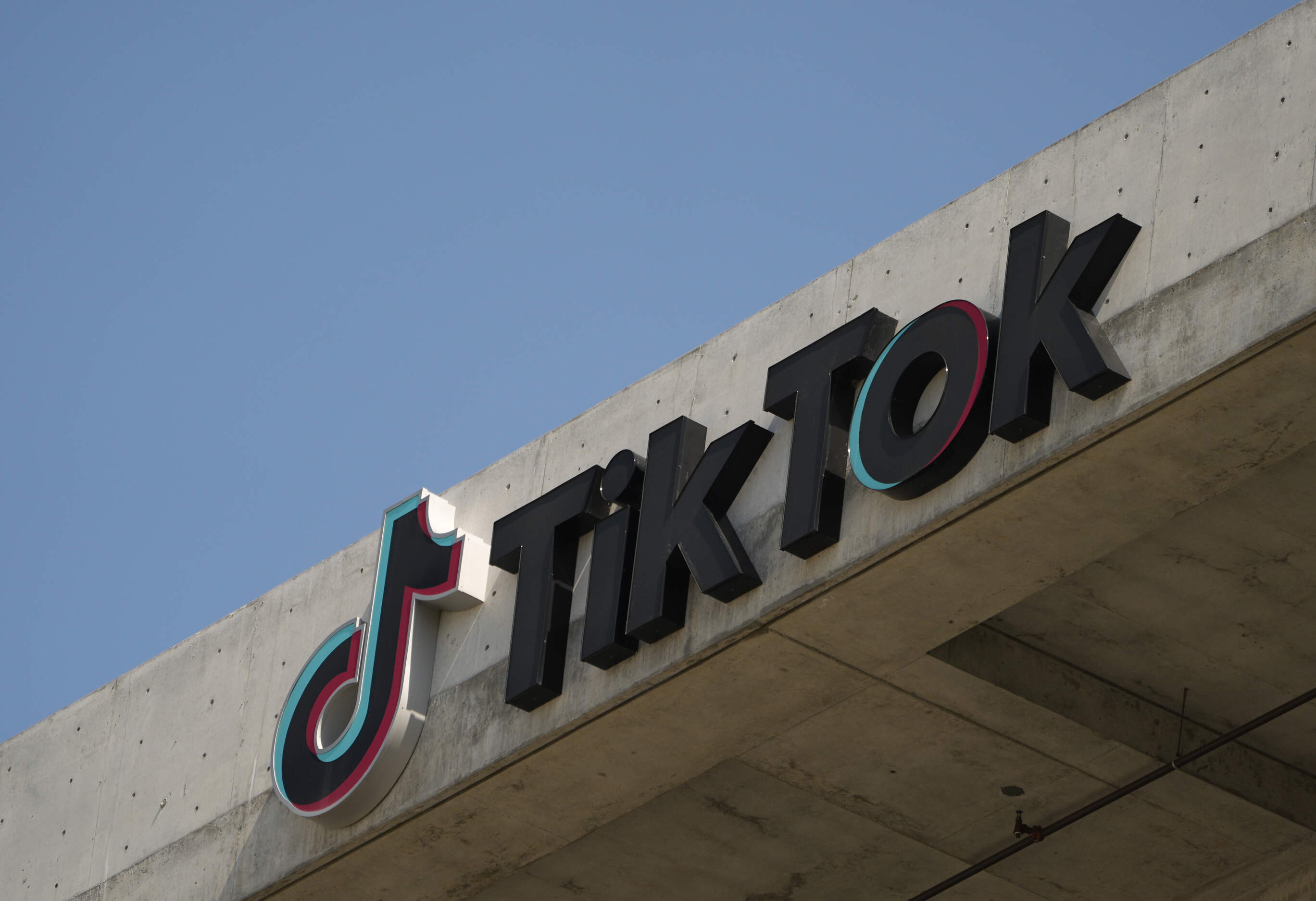 The TikTok logo on their building in Culver City, Calif., March 11, 2024. (Damian Dovarganes/AP)