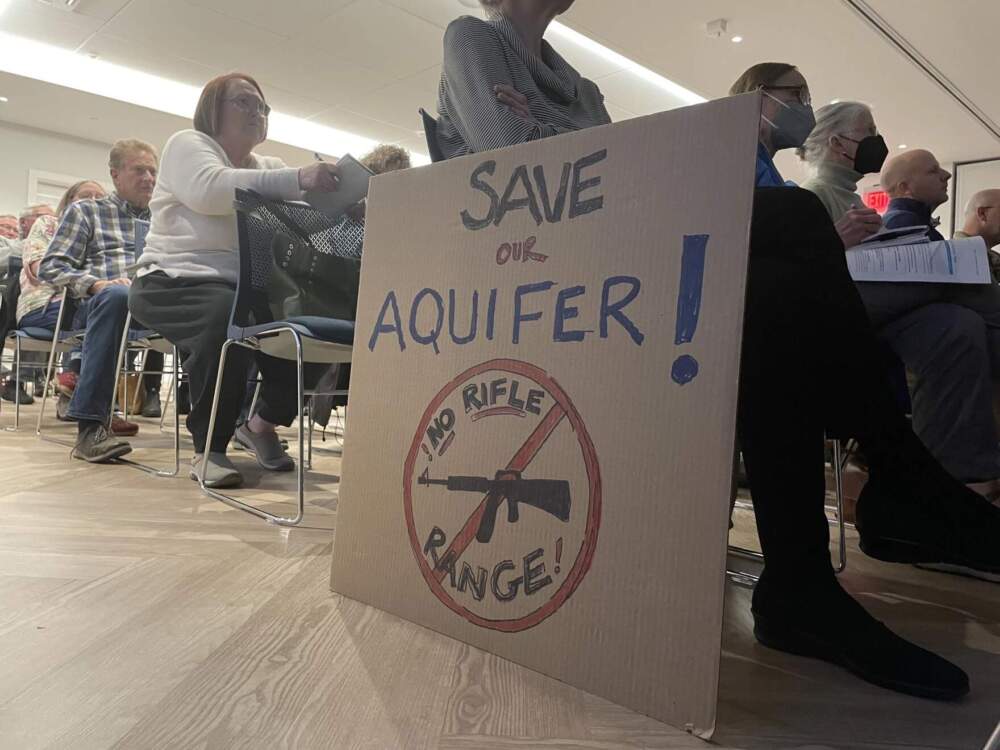In May 2023, about 100 people gathered for a public hearing in Sandwich to share their thoughts on the proposed machine gun range with officials from the Environmental Protection Agency. (Eve Zuckoff/CAI)