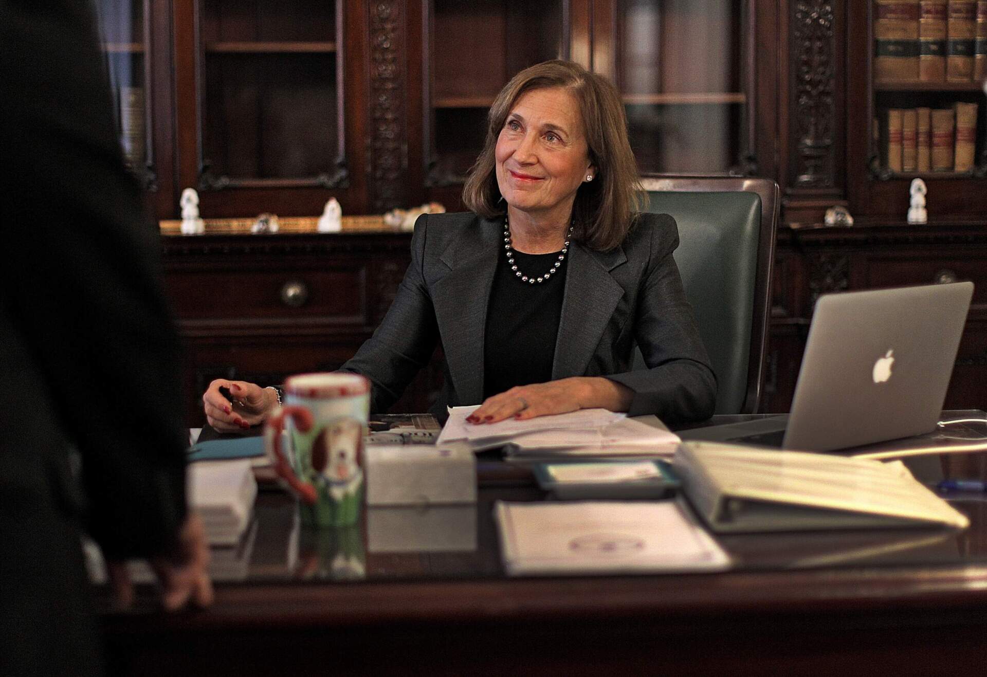 Treasurer Deb Goldberg is photographed in her State House office in 2015. (Suzanne Kreiter/The Boston Globe via Getty Images)